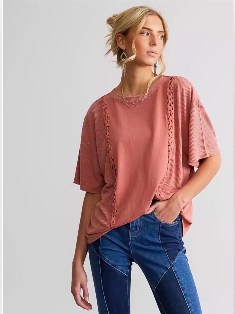 Gilded Intent Terracotta Lattice Detail Short Sleeve Top Size Medium Boho Knit